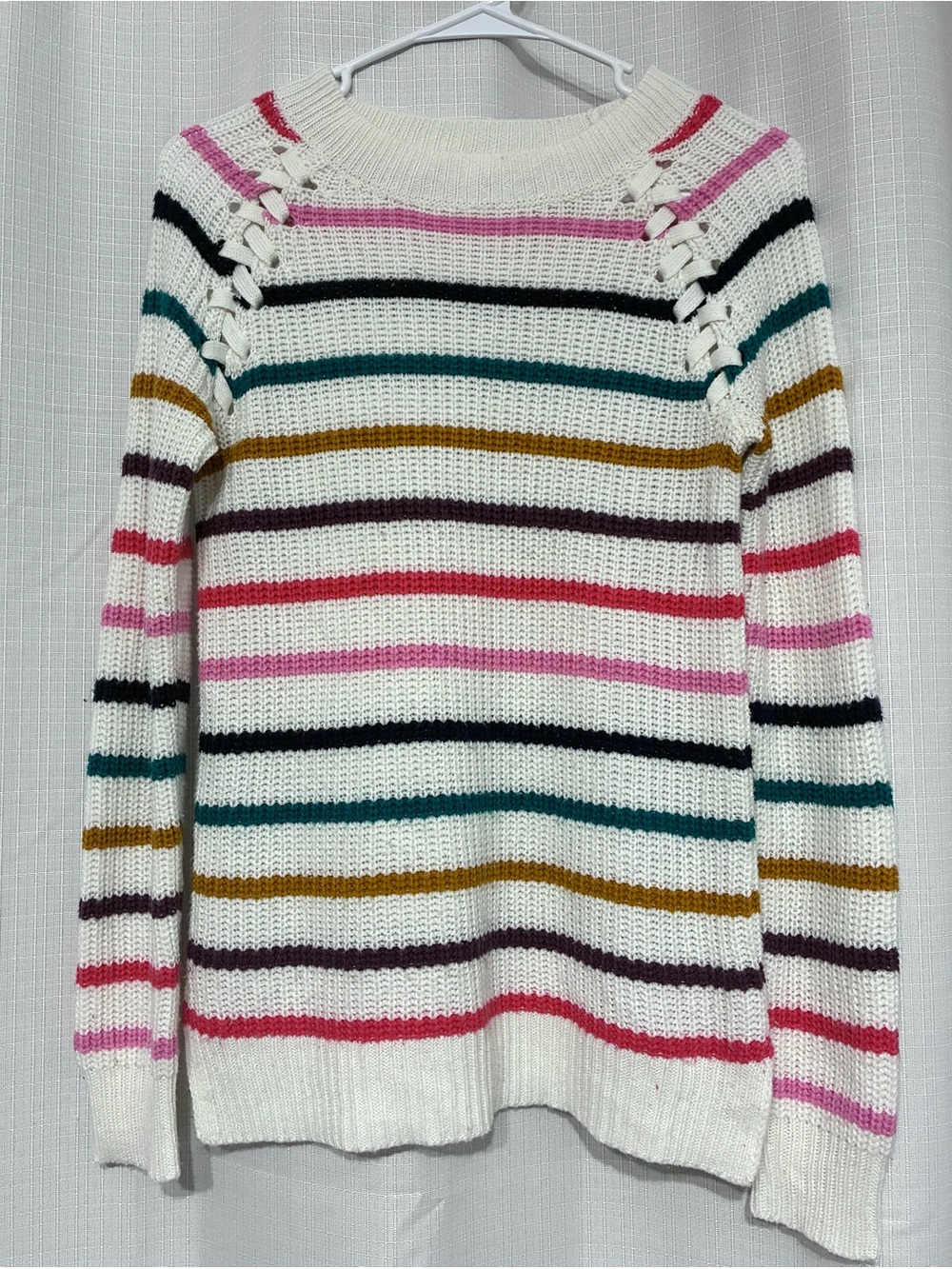 SO Perfectly Soft Rainbow Striped Open Knit Long Sleeve White Sweater Sz S